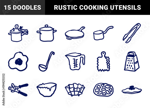 Rustic hand-drawn kitchen utensils and cookware for culinary branding. Naive marker sketch illustrations of pots, pans, and baking tools.