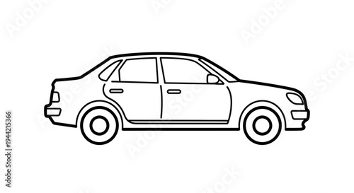 Simple black and white line art drawing of a classic sedan car, side view. Vector outline icon of an automobile vehicle for transport.