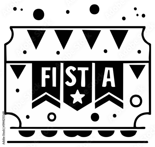 Festive "FIESTA" Banner with Bunting and Confetti in Black and White