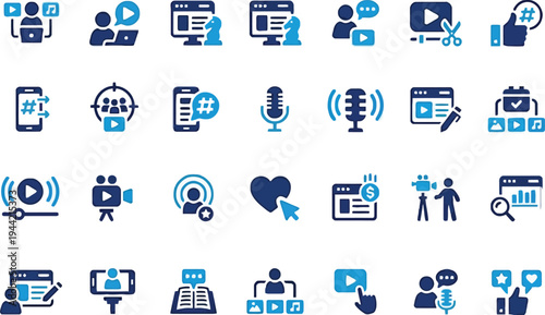 Social media and content creation icons: creator, editor, podcaster, influencer, analytics