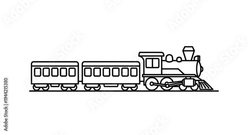 Minimalist black outline vector train with old-fashioned locomotive and two passenger cars. Simple line art illustration of a classic railway