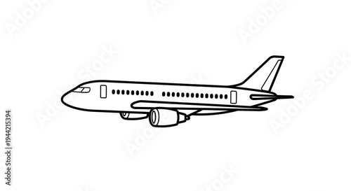 Black and white line art vector illustration of a commercial passenger airplane for travel, aviation, and transport concepts.