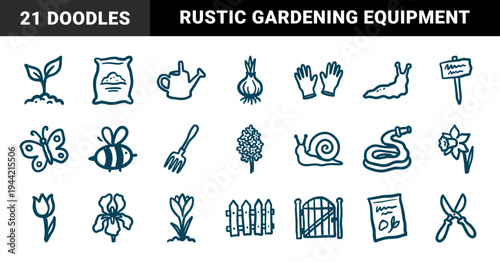 Hand-drawn garden tools and spring floral elements for organic branding. Rustic naive marker sketch illustrations featuring backyard horticulture.