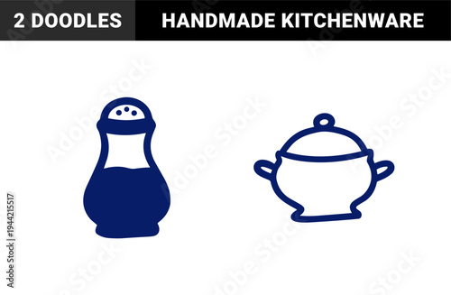 Hand-drawn kitchenware soup tureen and salt shaker for organic brand identity. Rustic, naive marker sketch illustrations of dining room essentials.
