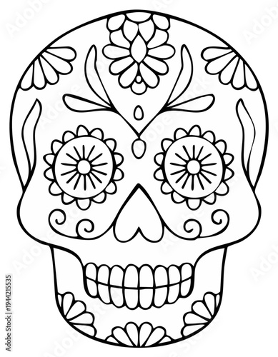 Detailed black and white illustration of a sugar skull with floral and decorative patterns for Dia de los Muertos celebration.