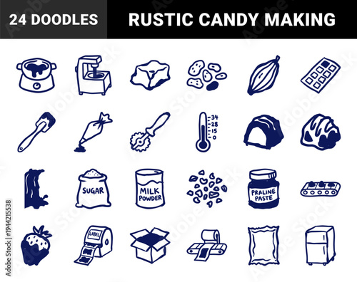 Hand-drawn chocolate factory and confectionery elements for organic branding. Rustic, naive marker sketch illustrations of candy making process.