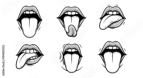 Set of Six Mouths with Tongues Extended.