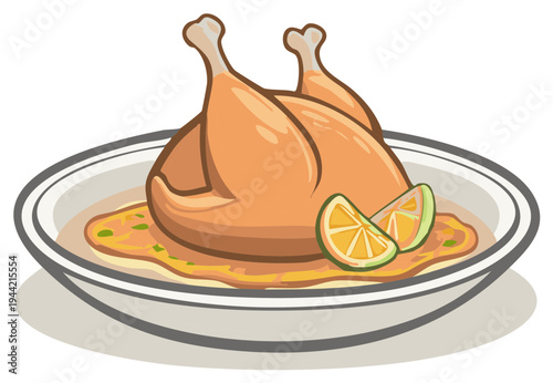 Roasted Chicken Illustration on Platter with Lemon Wedges Food and Meal Presentation