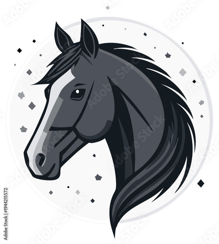 Stylized grayscale illustration of a horse head emblem