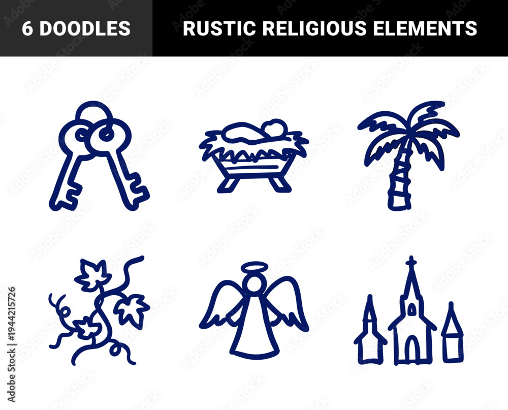 Naklejka premium Hand-drawn religious and spiritual symbols in a naive marker sketch style. Rustic blue line art featuring a nativity manger, palm tree, keys, vine, angel, and church.