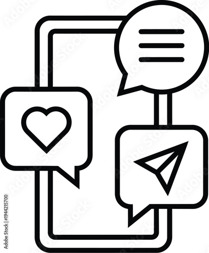 Mobile phone with chat bubble, heart and paper plane icons, messaging app, smartphone, heart icon
