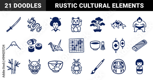 Hand-drawn Japanese cultural elements and traditional symbols for organic branding. Rustic naive ink sketch illustrations featuring Japan travel concepts.