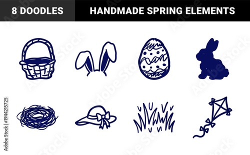 Hand-drawn Easter holiday elements featuring rustic bunny silhouettes and decorated eggs. Naive marker sketch illustrations for spring seasonal branding.