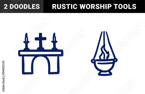 Hand-drawn religious altar and ceremonial thurible for spiritual branding. Rustic naive marker sketch illustrations of church sanctuary elements.