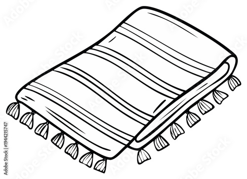 Folded decorative throw blanket with tassels isolated on white coloring page style drawing