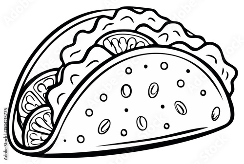Detailed black and white illustration of a taco with orange segments and toppings