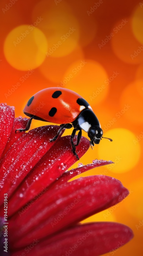 Fototapeta premium A vibrant ladybug rests on a bright red flower petal against a warm, bokeh background