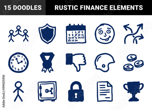 Hand-drawn business and financial planning doodle elements. Naive blue marker sketch illustrations for organic corporate branding and strategy.