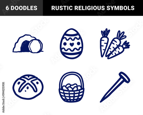 Easter and Resurrection Sunday hand-drawn elements for religious holiday branding. Rustic naive marker sketch illustrations featuring Christian spring concepts.