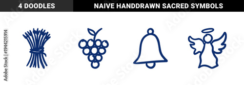 Hand-drawn rustic spiritual and harvest elements for organic branding. Naive blue marker sketch illustrations featuring angel, bell, grapes, and wheat.