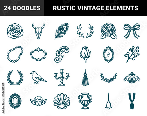 Vintage hand-drawn decorative elements and romantic silhouettes for wedding invitations. Rustic, naive marker sketch illustrations featuring classical motifs.