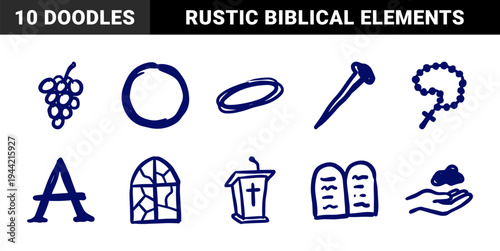 Christian religious symbols and church elements in a crude marker sketch style. Naive hand-drawn biblical illustrations for spiritual branding and education.