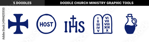 Christian religious symbols and liturgical elements for church branding. Blue hand-drawn naive doodle sketches of the eucharist, cross, and commandments.