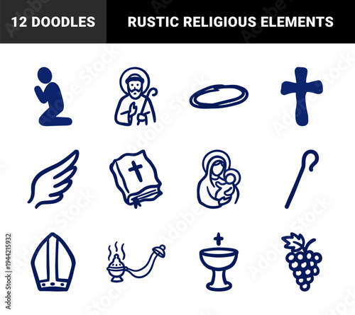 Hand-drawn Christian religious symbols and liturgical elements for spiritual branding. Rustic, naive marker sketch illustrations featuring catholic faith concepts.