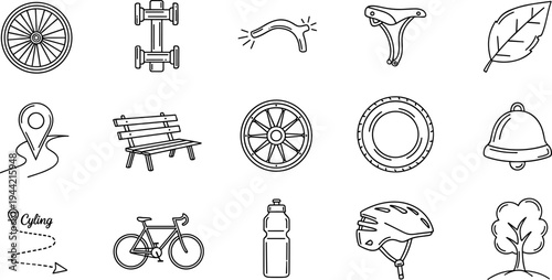 Collection of bicycle and outdoor activity icons in a simple line art style