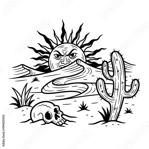 Scorching Sun and Desert Skull Illustration.