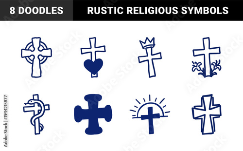 Hand-drawn Christian cross symbols in a naive doodle style for religious branding. Rustic blue marker sketch illustrations featuring spiritual and faith concepts.