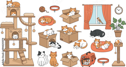 Cute Cats at Home Vector Set with Cat Tree, Boxes, Beds and Sleeping Kittens Cozy Domestic Pet Illustration Collection