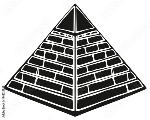 Stylized illustration of an ancient stepped pyramid structure with geometric patterns and clear divisions