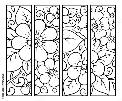 Printable bookmark for book - coloring. Set of black and white labels with flower patterns, hand draw in mehndi style. Sketch of ornaments for creativity of children and adults with colored pencils.
