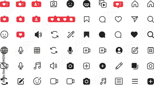 Social media icons set, likes, comments, shares, follows, profile, search, messages, like icon