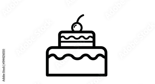 Minimalist black outline icon of a two-tier celebration cake with a cherry on top, perfect for dessert menus or event design