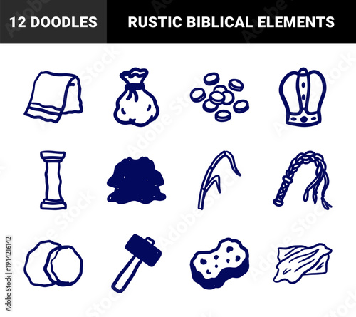 Hand-drawn Passion of the Christ religious elements in a naive marker sketch style. Rustic symbolic illustrations for Easter and Lenten seasonal projects.