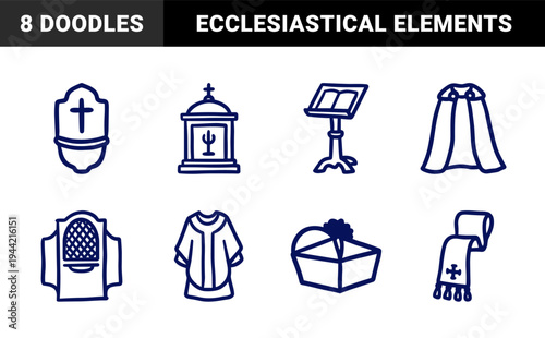 Ecclesiastical liturgical elements and clerical vestments in a rustic hand-drawn doodle style. Naive marker sketch illustrations of Catholic church ritual objects.