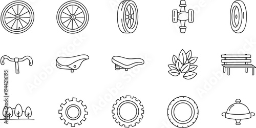 Collection of simple line art icons representing bicycle parts and outdoor elements