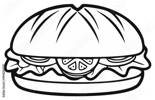 Delicious Black and White Burger Cartoon Illustration, with Fresh Lettuce and Tomato Slice