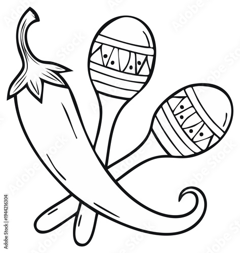 Black and white vector drawing of maracas and chili pepper for coloring or design. Mexican culture and cuisine symbols illustration.