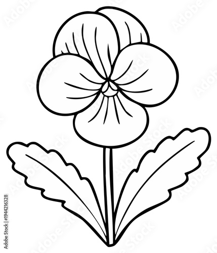 Black and white line art illustration of a pansy flower in bloom with leaves and stem