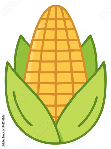 Cartoon Ear of Corn Illustration with Green Husks and Yellow Kernels