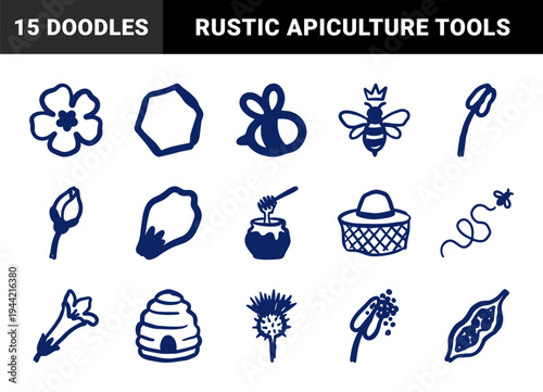 Hand-drawn beekeeping and apiculture elements for organic honey branding. Rustic naive marker sketch illustrations featuring bees and floral botany.