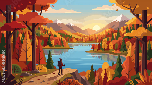 A vibrant vector illustration of a hiker enjoying a picturesque view of an autumn forest, a serene lake, and snow-capped mountains during a bright sunny day. Ideal for travel, nature.