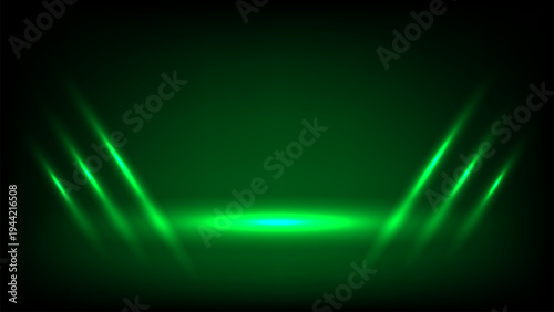 Vibrant green abstract background with glowing light beams and central illuminated area