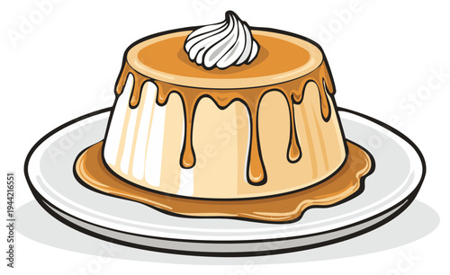 Delicious caramel custard dessert with cream on a plate illustration