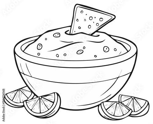 Bowl of guacamole with a tortilla chip and lime wedges illustration