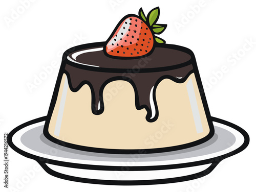 Sweet custard dessert topped with chocolate sauce and fresh strawberry on a plate