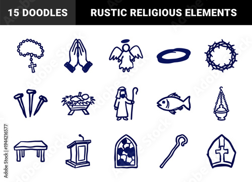 Christian religious symbols and church elements in a naive marker sketch style. Rustic hand-drawn spiritual icons featuring nativity, prayer, and liturgy.